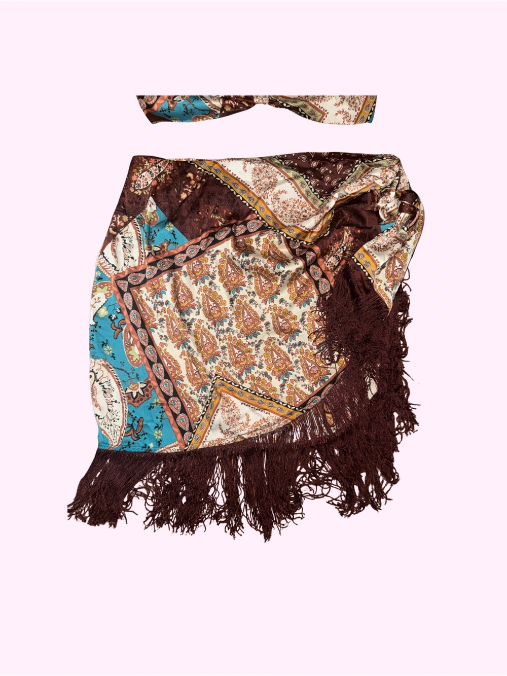 Paisley Print Bikini Top and Fringe Sarong Set in Turquoise & Brown - Picture 3 of 6